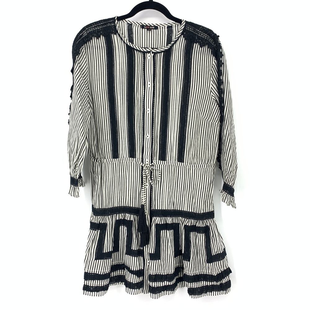 Love Sam Womens Size S Crochet Trim Striped Mini Dress Black White Cotton Blend